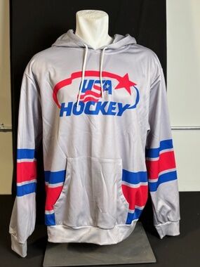 USA Hockey Hoodie - Gray with Red/Blue Sleeve Stripes